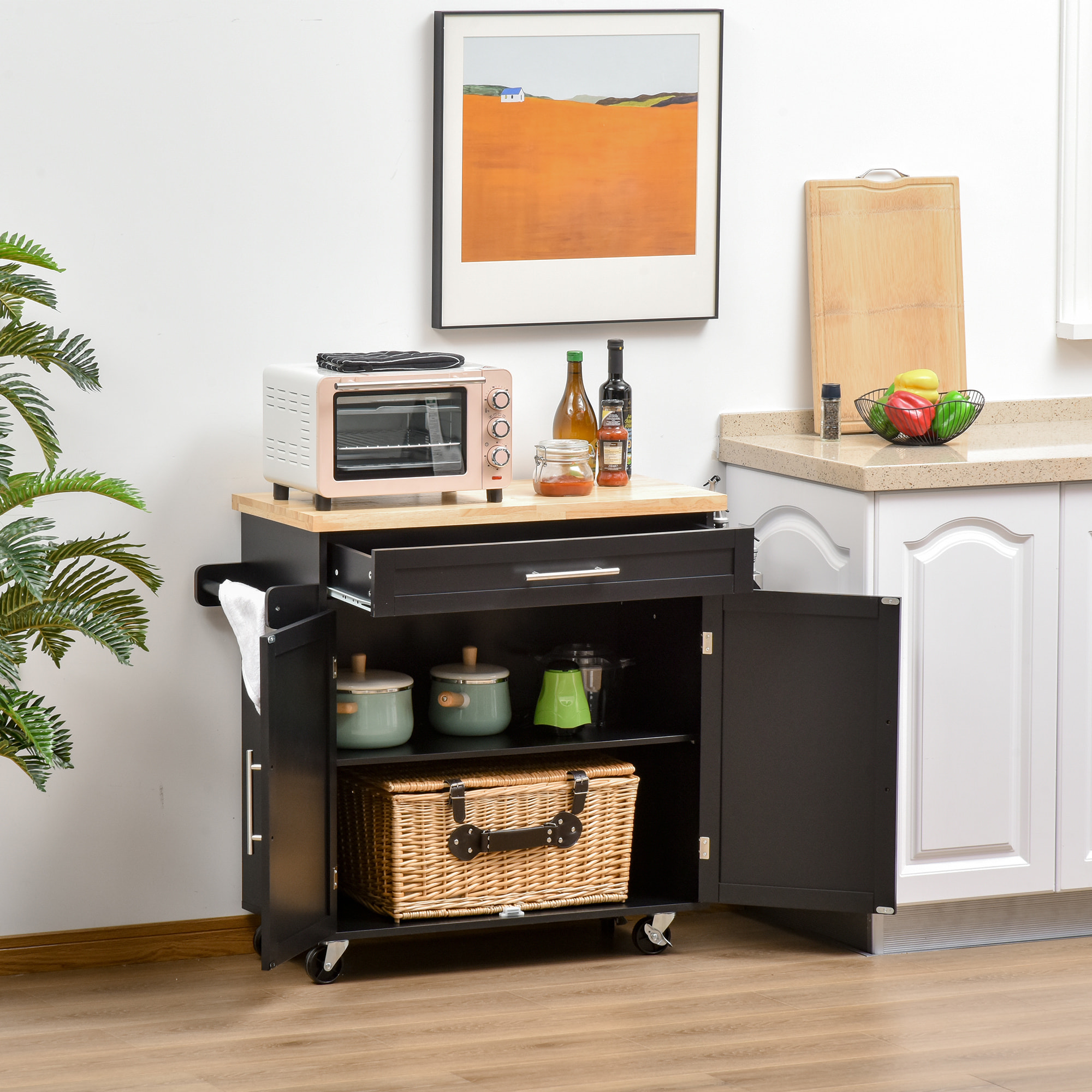 Carrito de Cocina con Armario con Puertas y Estante Interior Ajustable Cajón Barra y Especiero Móvil Aparador Auxiliar con Ruedas para Comedor 109x40x89 cm Negro