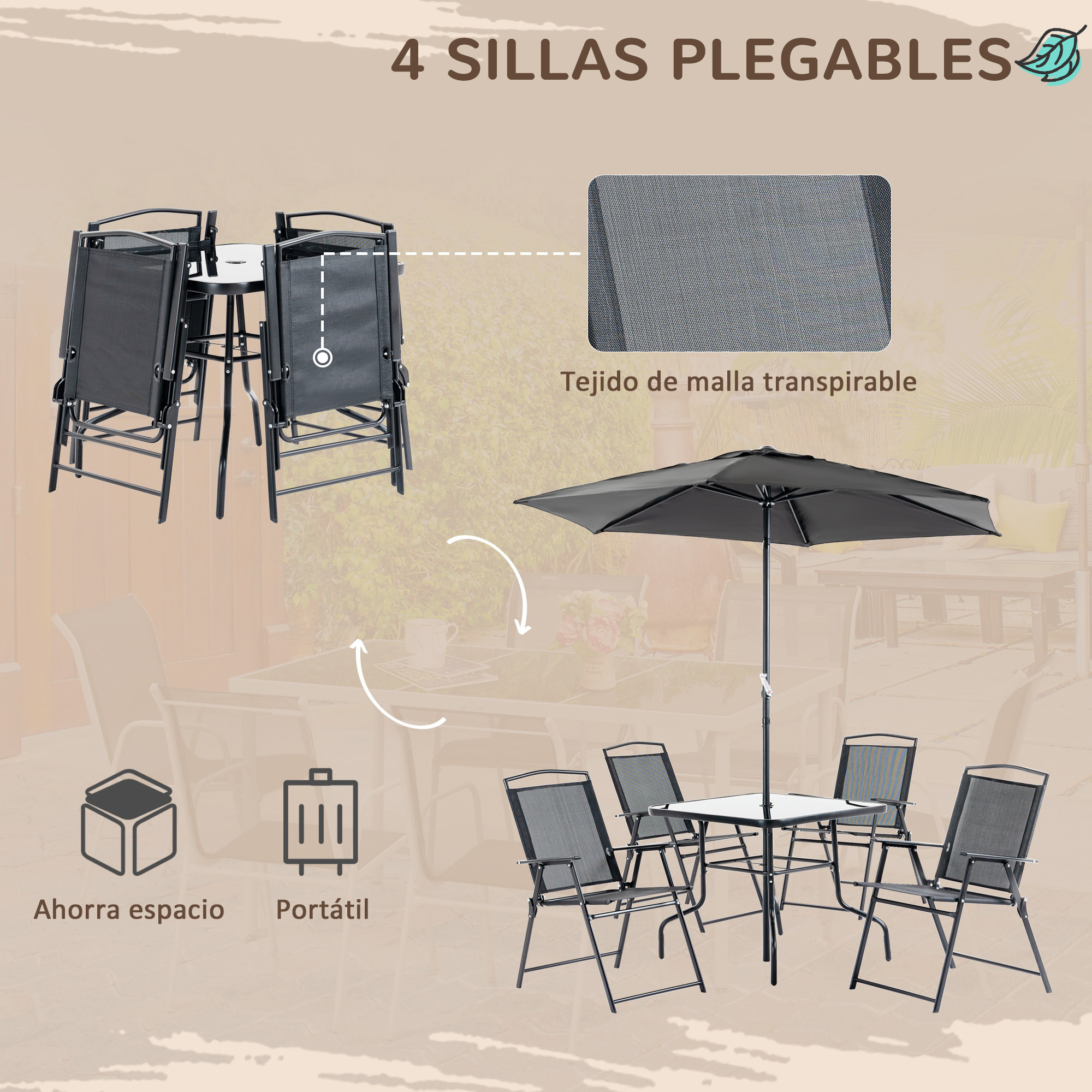 Outsunny Conjunto Muebles Jardín con 4 Sillas Plegables Mesa y Sombrilla Negro