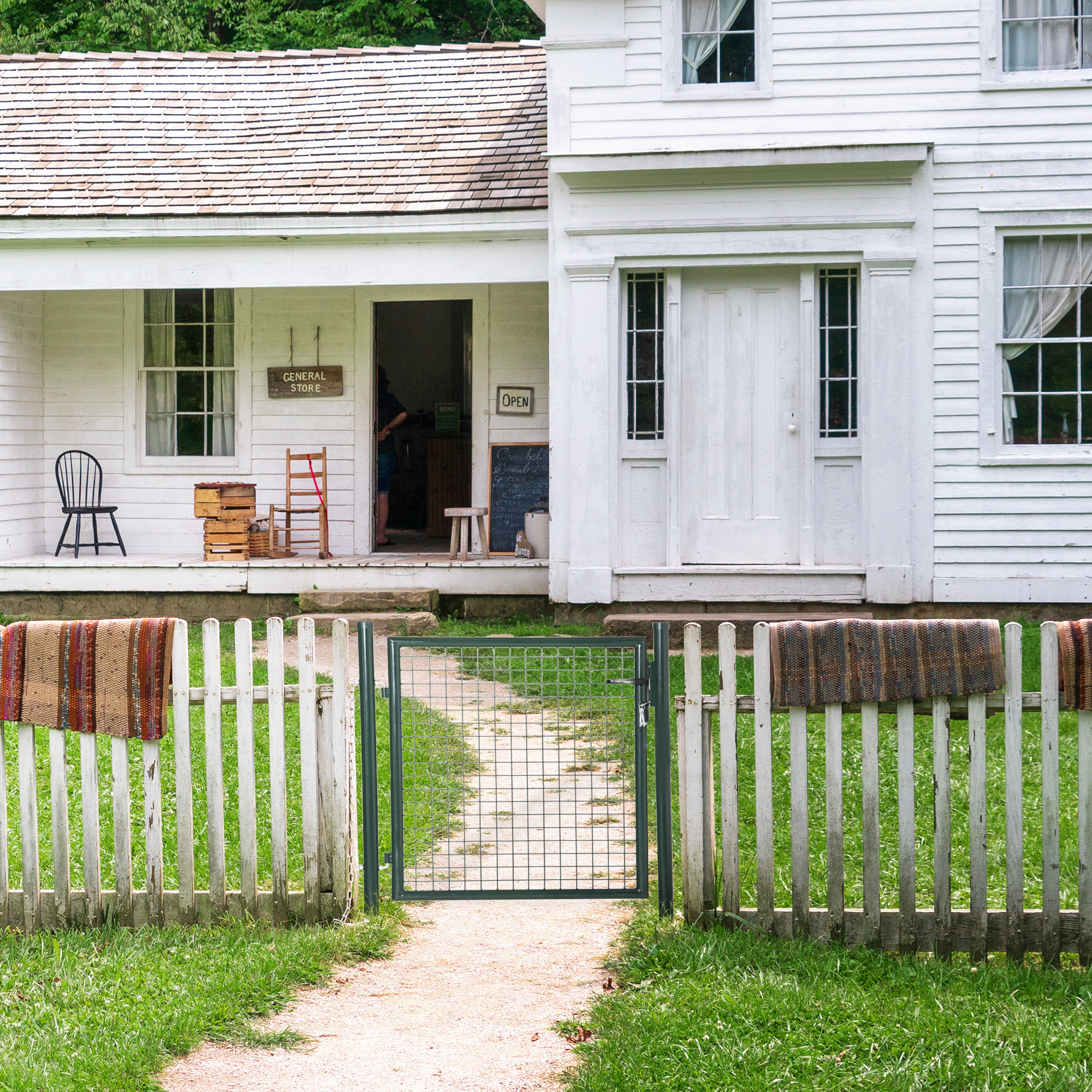 Puerta Verja de Jardín de Acero con Cerradura Manija y 3 Llaves Puerta de Valla Cerca para Exterior Patio Terraza 97x150 cm Verde