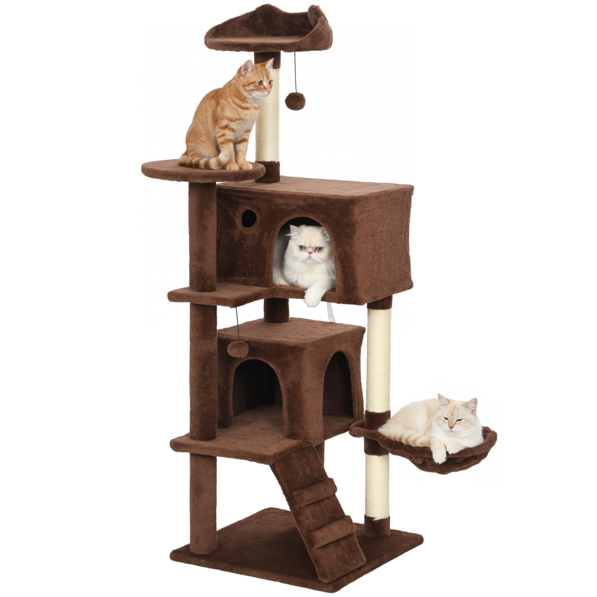 Árbol Rascador para Gatos, Árbol para Gatos 140 cm, Torre Escalador con Múltiples Plataformas, Cama, 2 Cuevas, Hamaca, Escalera, Postes de Sisal, Bolas para Jugar, Marrón