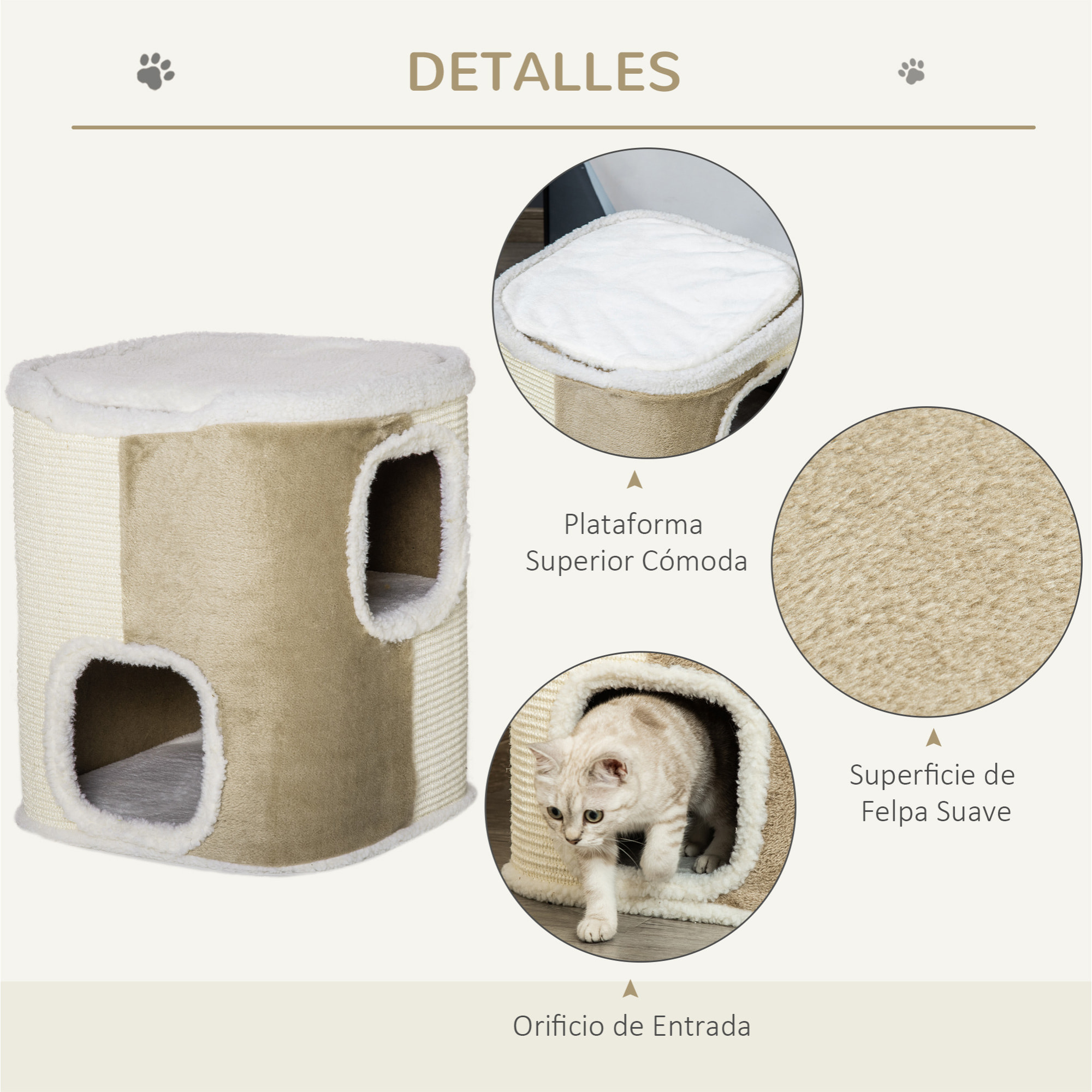 Barril Rascador para Gatos 2 Niveles con Cuevas de Sisal Felpa 40x40x49 cm Beige