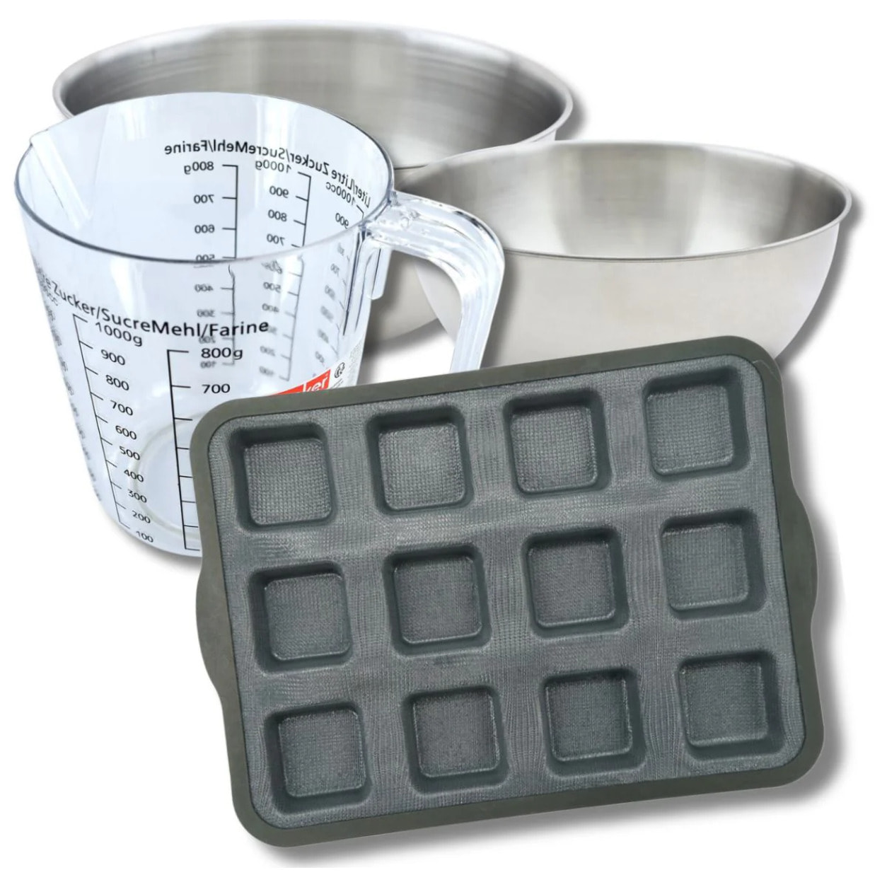 Set pâtisserie avec moule à 12 brownies, 2 bols à mixer, verre mesureur et spatule Zenker