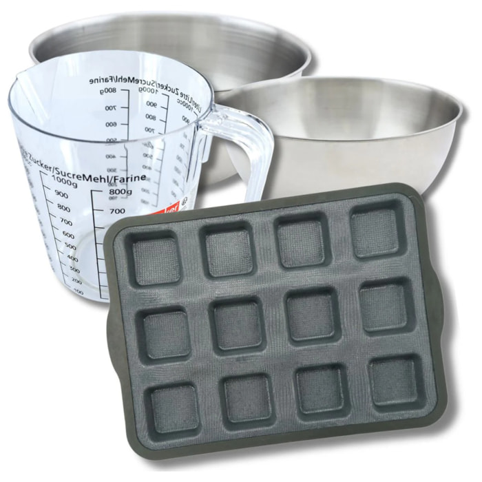 Set pâtisserie avec moule à 12 brownies, 2 bols à mixer, verre mesureur et spatule Zenker