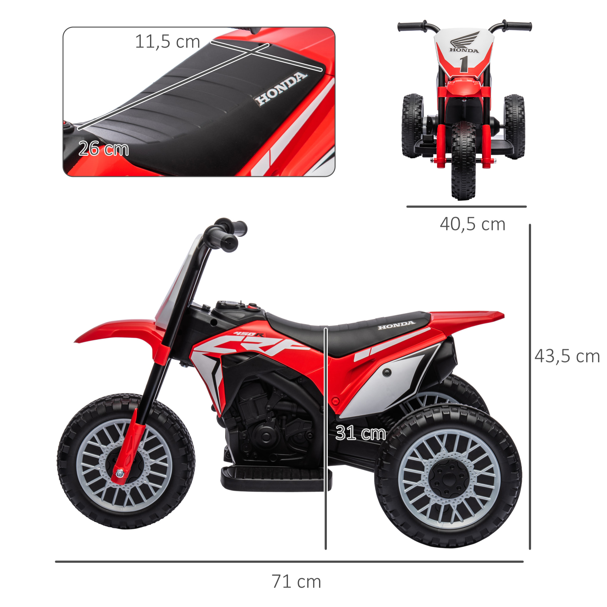 Moto Cross électrique enfant 3 roues licence officielle Honda CRF 450 R V. max. 3 Km/h fonctions sonores rouge