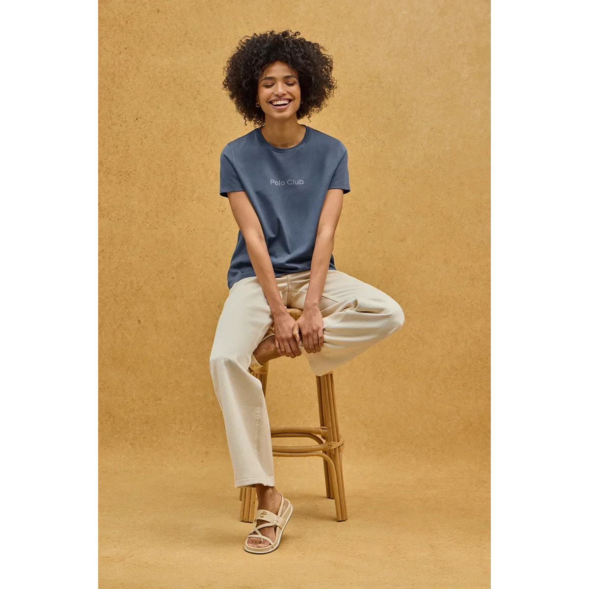 Maglietta blu denim a maniche corte fit dritto con brillantini Polo Club