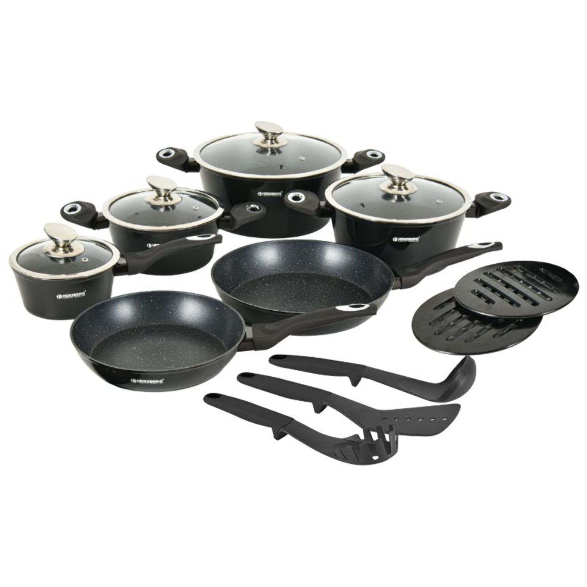 Batterie de cuisine 15 pièces avec revêtement en marbe Noir Herzberg HGMETBK15-BLK