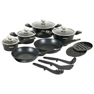 Batterie de cuisine 15 pièces avec revêtement en marbe Noir Herzberg HGMETBK15-BLK
