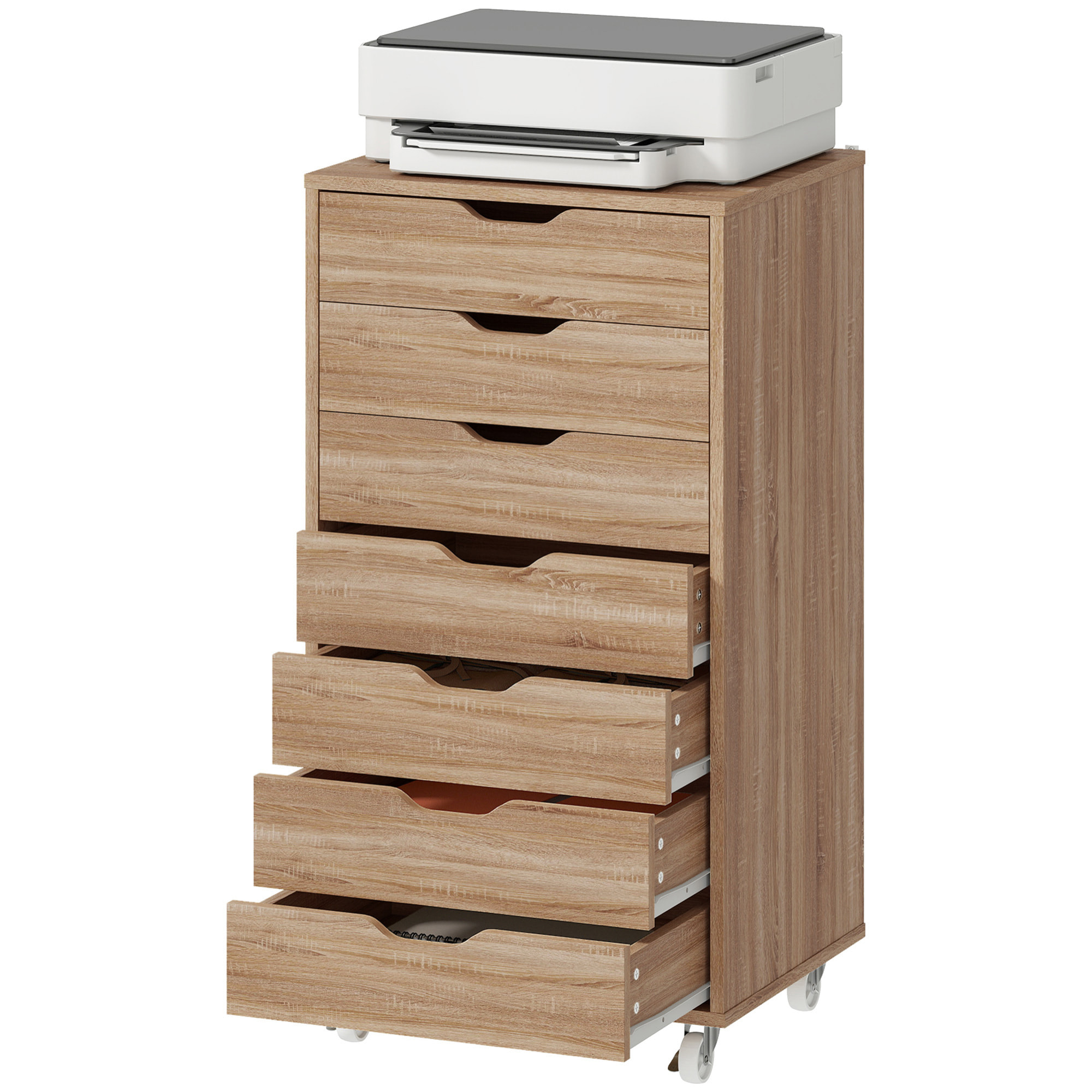 Caisson bureau - rangement bureau 7 tiroirs - dim. 47,5L x 39,5l x 90H cm - effet bois clair