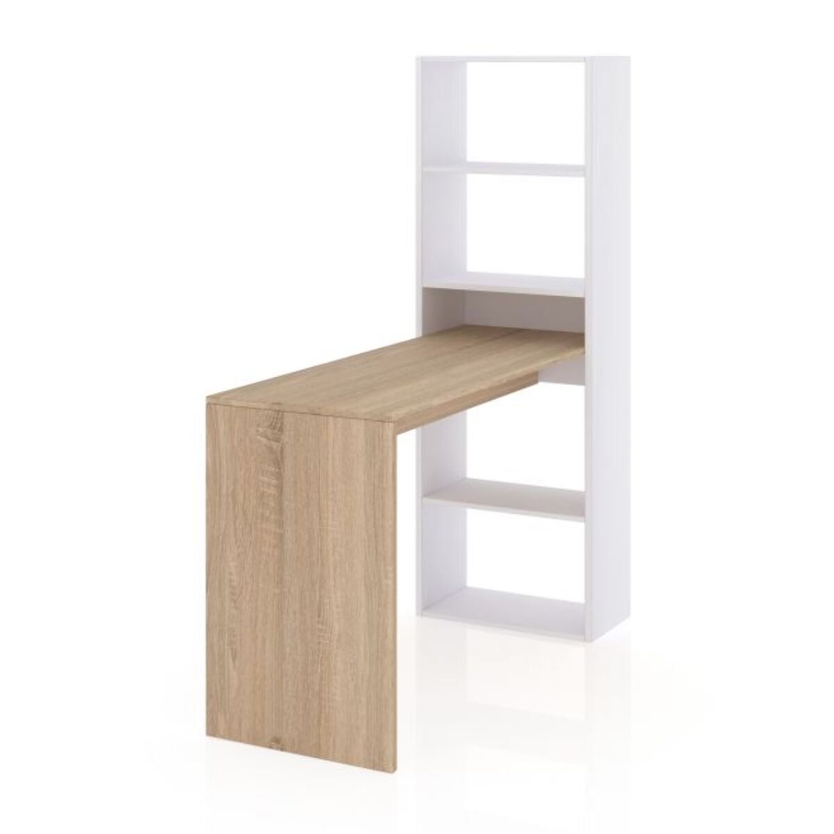 Mesa de escritorio con estantería Cosmic Blanco Artik (Blanco Mate) - Roble Canadian