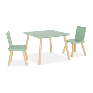 Table carrée enfant avec 2 chaises. pieds en pin. vert