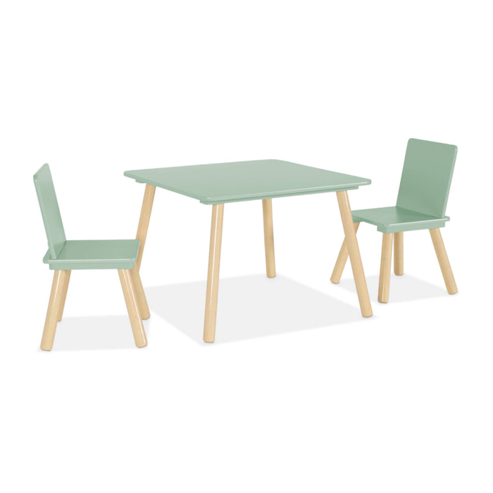 Table carrée enfant avec 2 chaises. pieds en pin. vert