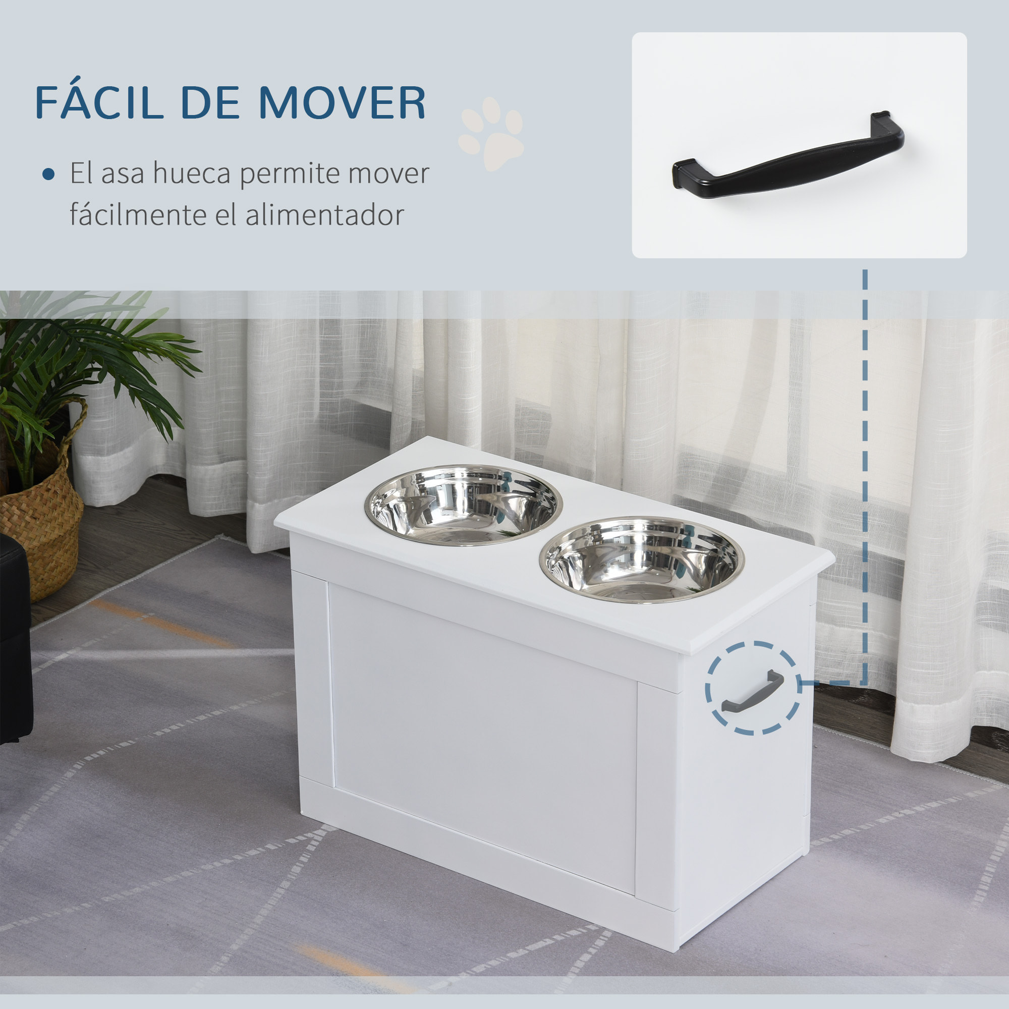 Comedero Elevado para Perros Cuencos para Perros con 2 Tazones de Acero Inoxidable y Espacio de Almacenaje Oculto 60x30x41 cm Blanco