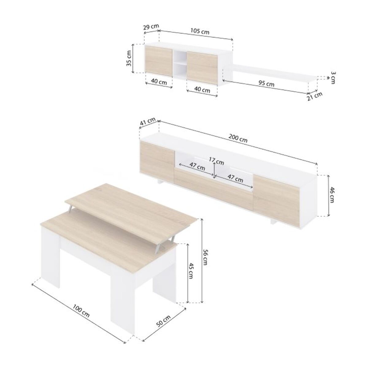 Pack salón con mesa de centro Kenzo Plus V2 Blanco Brillo - Roble Canadian