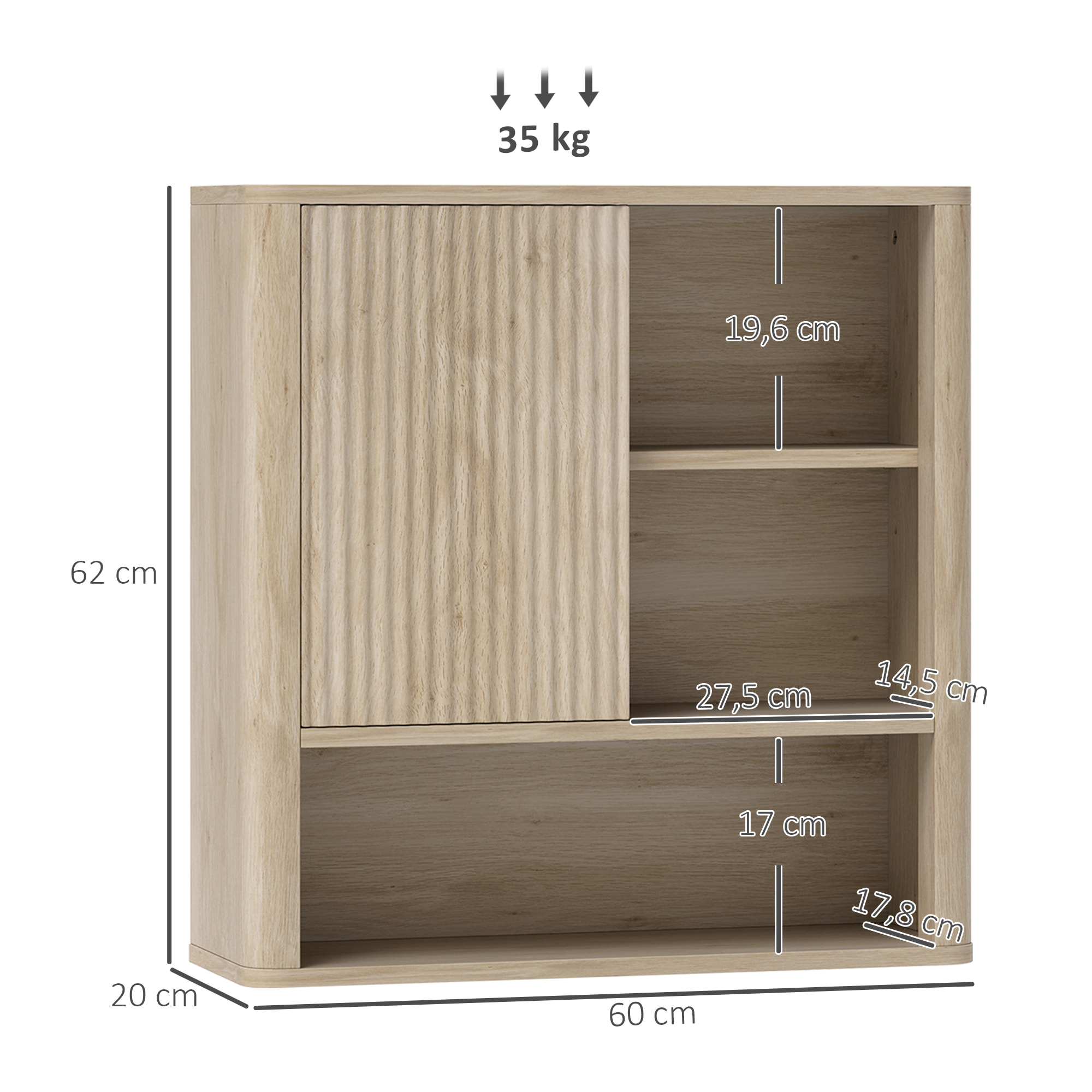 Armario de Baño de Pared Mueble de Baño Colgar con Estantes Ajustables Puerta Corredera Compartimentos y Diseño con Perfil Curvo 60x20x62 cm Natural