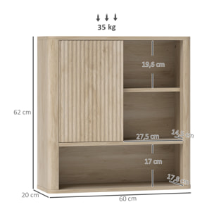 Armario de Baño de Pared Mueble de Baño Colgar con Estantes Ajustables Puerta Corredera Compartimentos y Diseño con Perfil Curvo 60x20x62 cm Natural