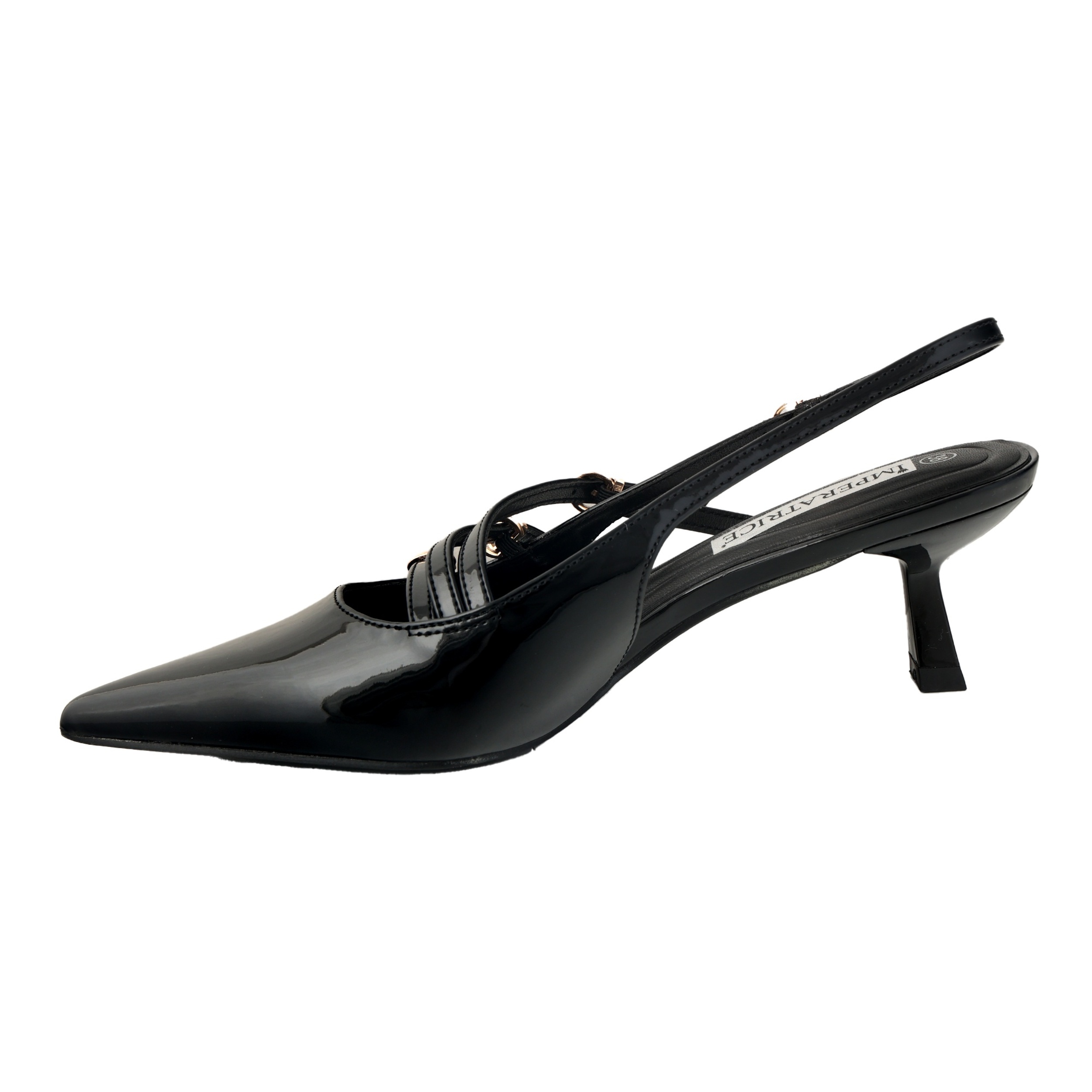 Dècolletè slingback verniciate con tacco basso a rocchetto e fibbiette