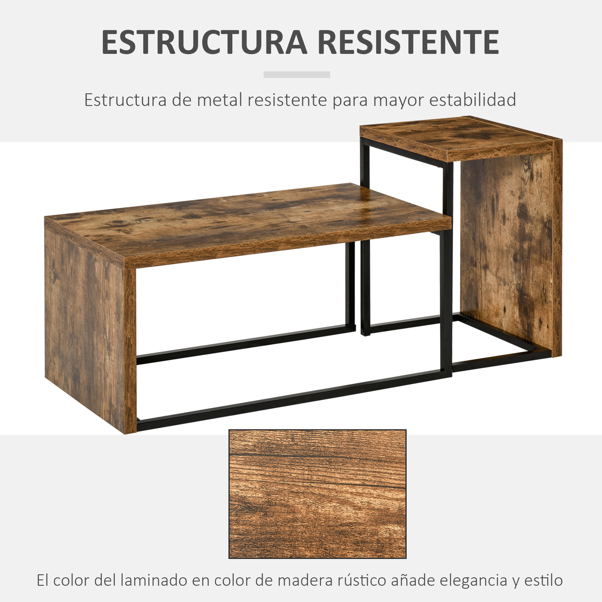 Juego de 2 Mesas de Centro Mesitas de Café con Patas de Metal Estilo Industrial para Salón Comedor Sala de Estar 90x48x42 cm y 59x42x36 cm Marrón Rústico