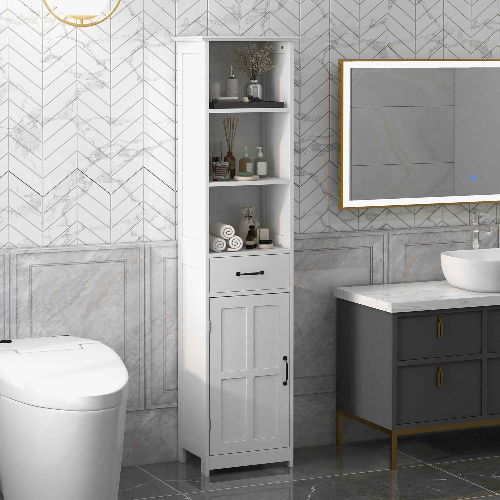 Colonne salle de bain dim. 40 x 30 x 164 cm - porte, étagère, tiroir, 3 niches - blanc