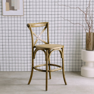 Tabouret de bar bistrot vintage en bois marron vieilli avec repose-pieds