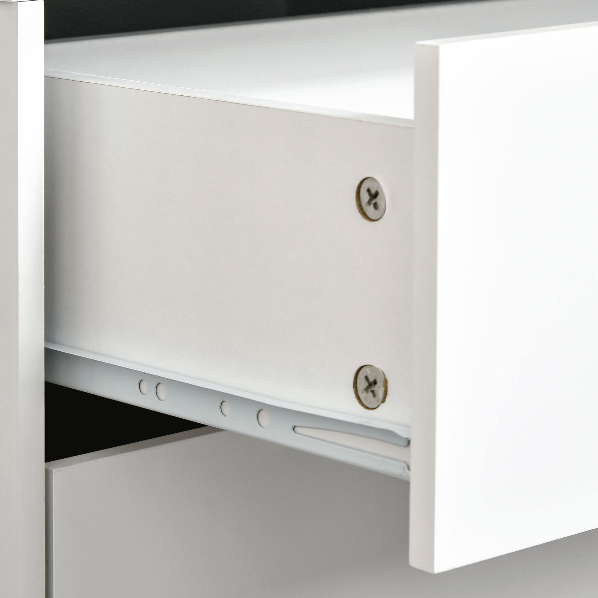 Chevet table de nuit design scandinave 2 tiroirs piètement bois pin panneaux particules blanc