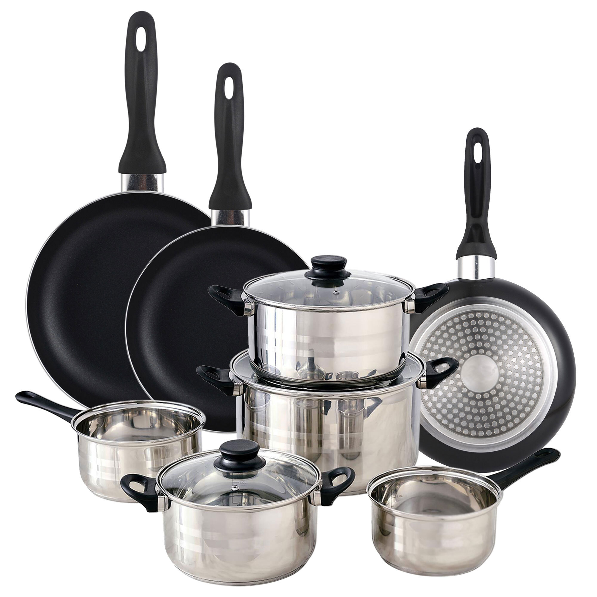 set de batería de cocina de 8pc en acero inoxidable + 3 sartenes ø16ø20ø24cm negro en aluminio prensado