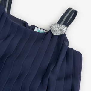 Top plisado, gasa niña, tirantes, cierre botón, azul marino