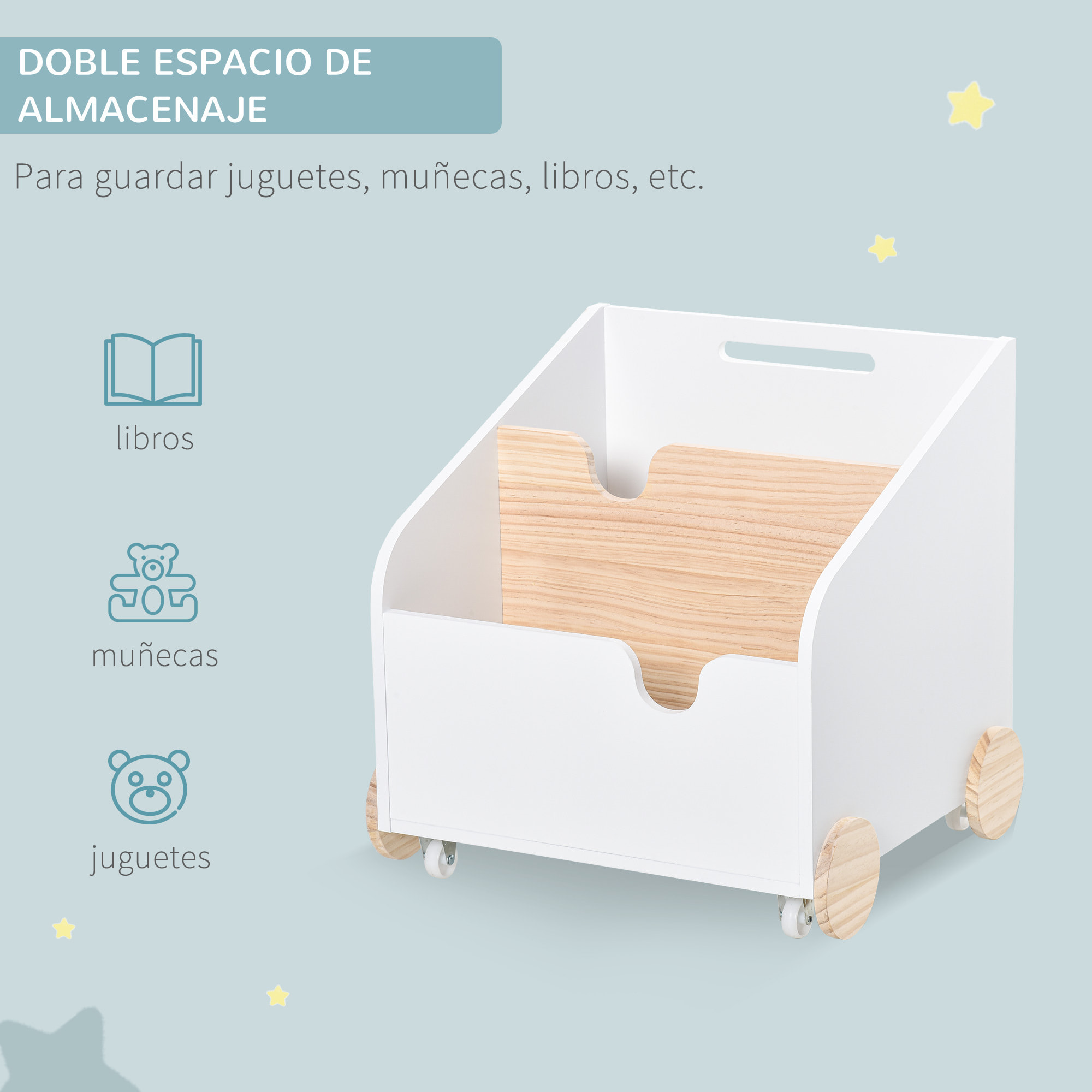 Caja de Almacenaje Madera de Juguetes con Ruedas Asa y 2 Secciones 40x43x43cm