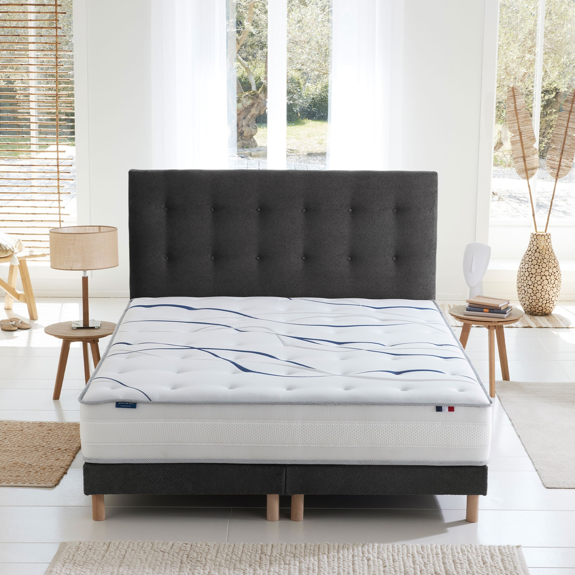 Ensemble matelas mousse HD SERENA + sommier, chenille bouclettes Gris anthracite