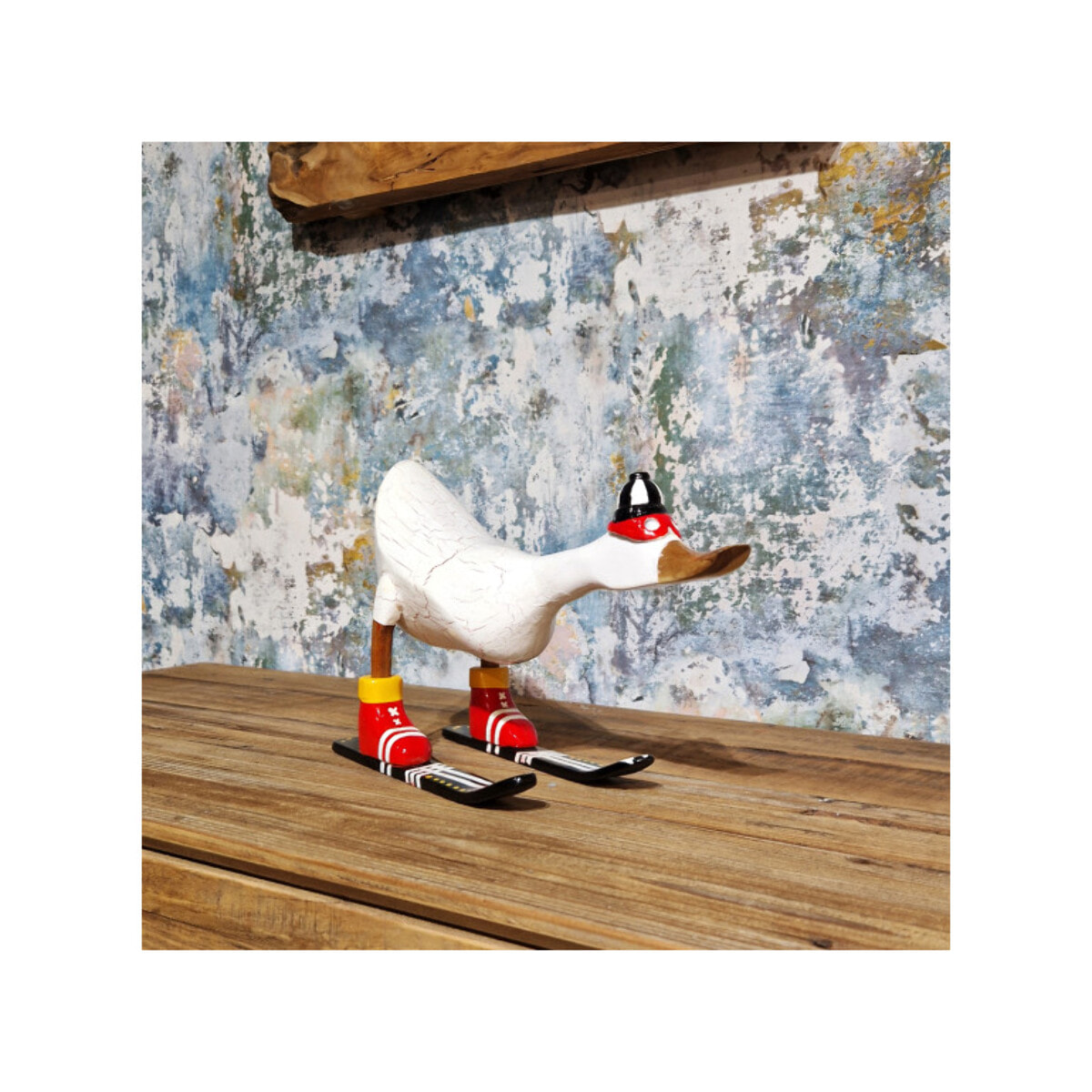 Statuette décorative Canard Skieur en Bois de Teck H. 18 cm – DAMAS