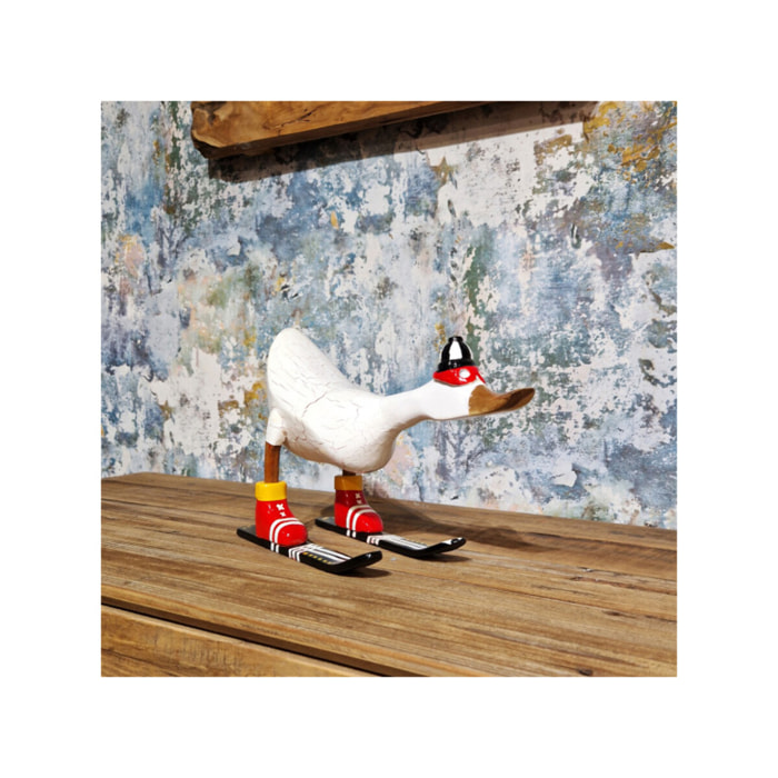 Statuette décorative Canard Skieur en Bois de Teck H. 18 cm – DAMAS