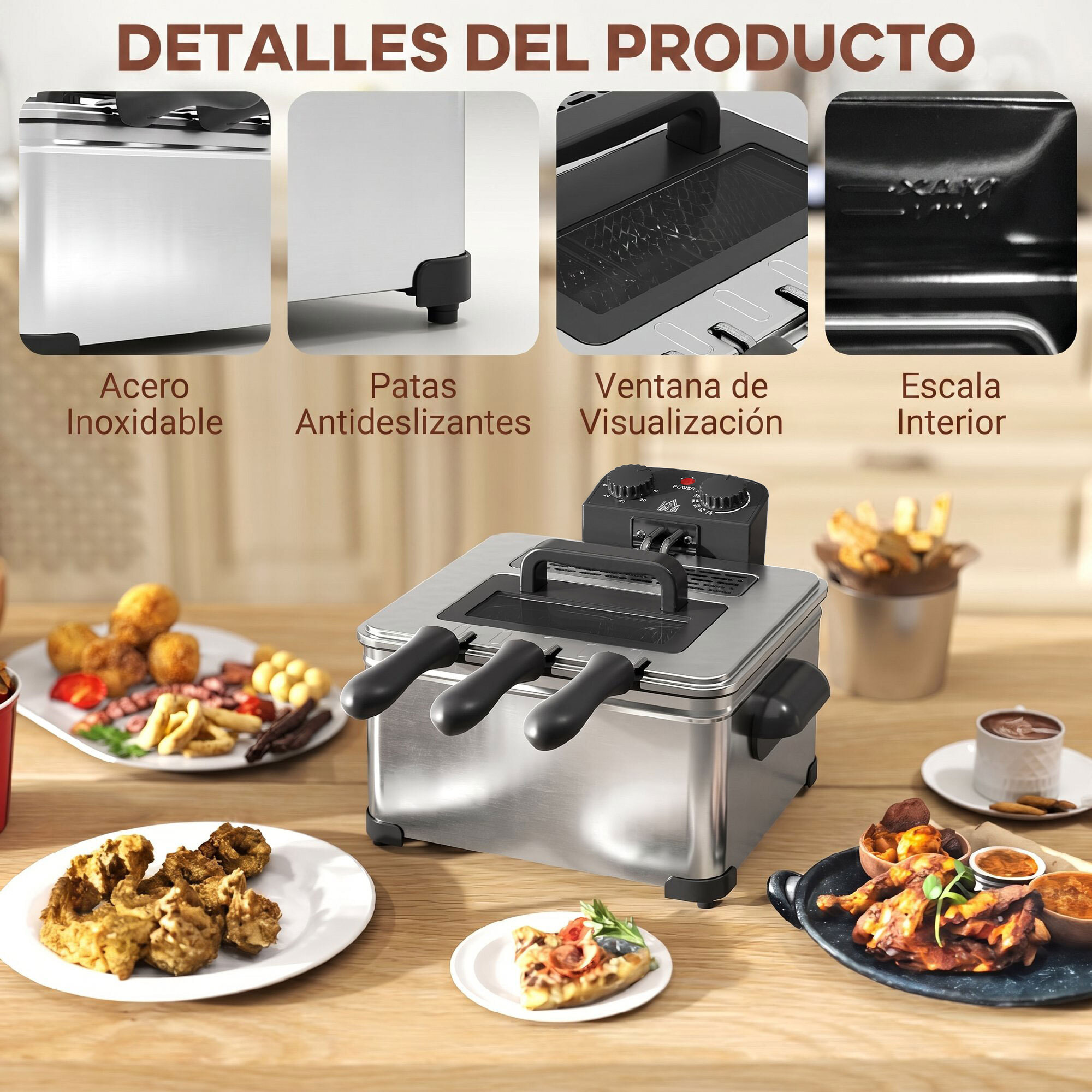 Freidora 5L 2000W, Temperatura Ajustable hasta 190°C, Contenedor Desmontable, Ventana Visualización, Protección Sobrecalentamiento, Temporizador 60 min, Acero Inoxidable, Apta para Lavavajillas