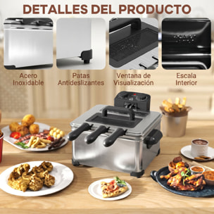 Freidora 5L 2000W, Temperatura Ajustable hasta 190°C, Contenedor Desmontable, Ventana Visualización, Protección Sobrecalentamiento, Temporizador 60 min, Acero Inoxidable, Apta para Lavavajillas