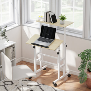 Bureau assis debout inclinable réglable H.70,5-120 cm mobile 2 plateaux métal blanc effet bois clair