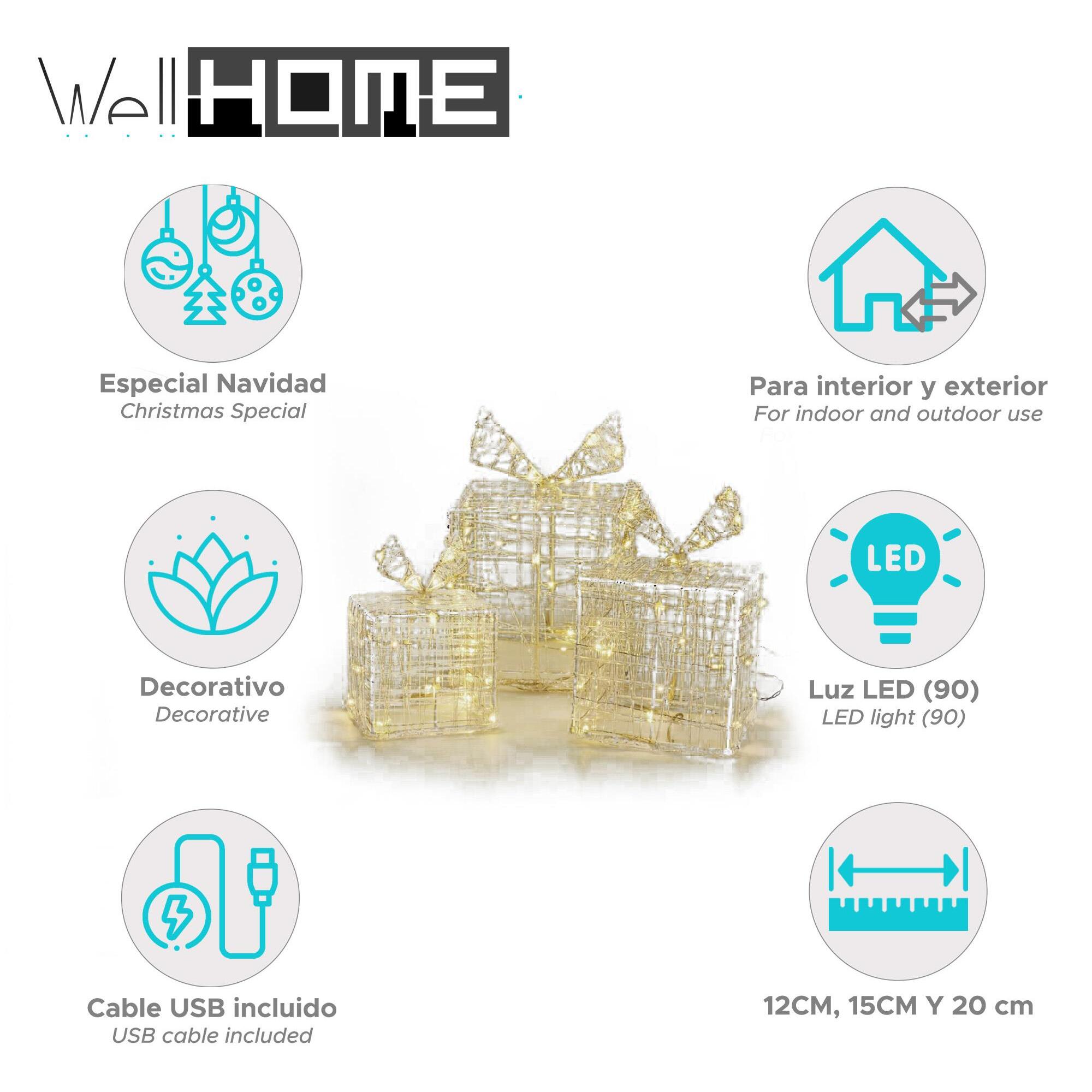 juego de 3 cajas de regalo luminosas con 90 micro leds blancas cálidas