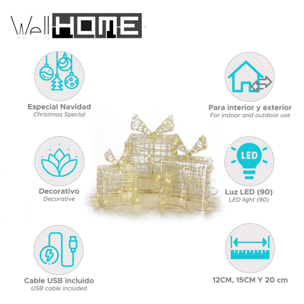 juego de 3 cajas de regalo luminosas con 90 micro leds blancas cálidas