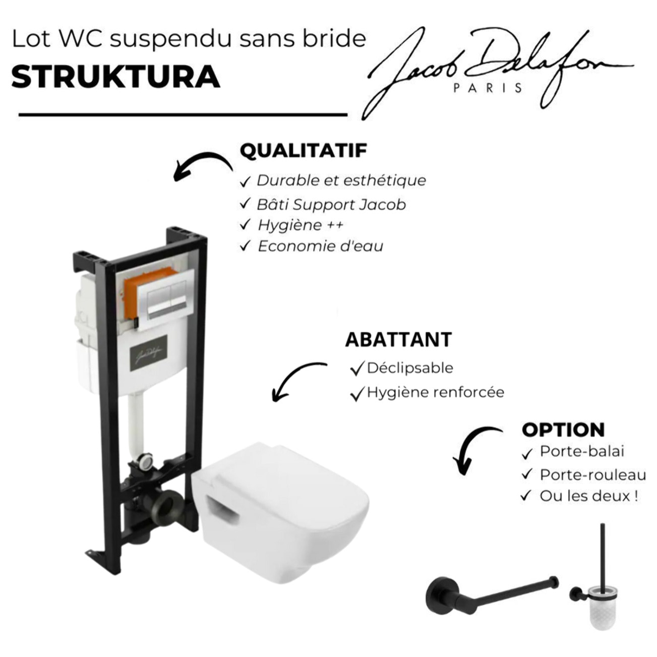 Pack WC suspendu sans bride Struktura+ bâti-support + plaque Or Beige + accessoires