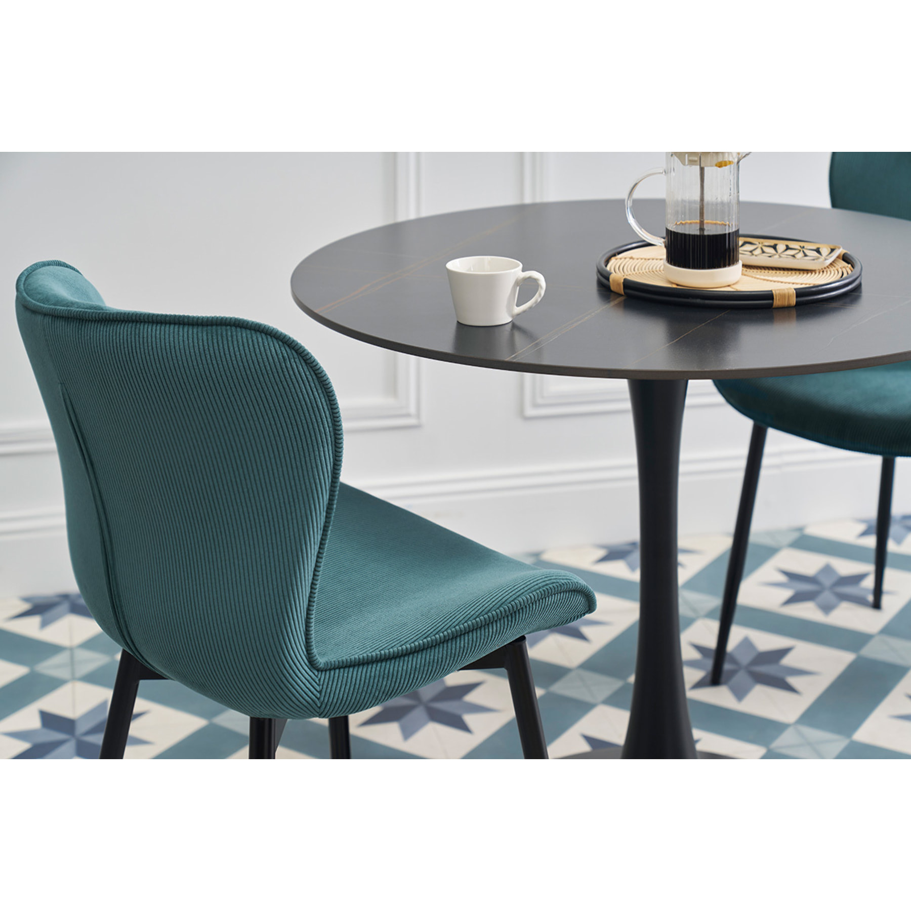 Chaises design en tissu velours côtelé bleu canard et métal noir (lot de 2) ADDICT