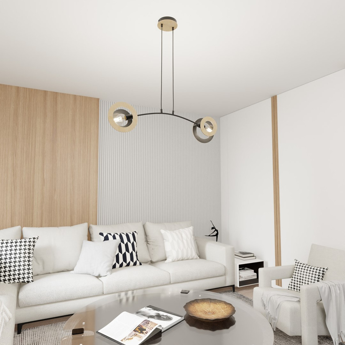 Lampada a sospensione Skiva in acciaio nero e legno naturale