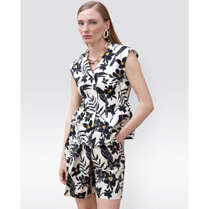 Top in popeline con stampa a foglie di pappagallo e scollo a V