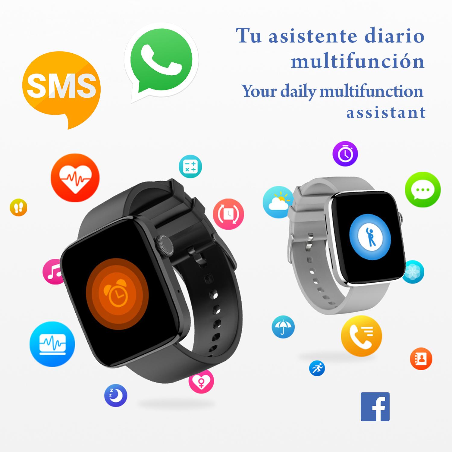 Smartwatch DT1 con corona girevole intelligente, misuratore di pressione sanguigna e O2; 11 modalità multisport. Sfondi personalizzabili.