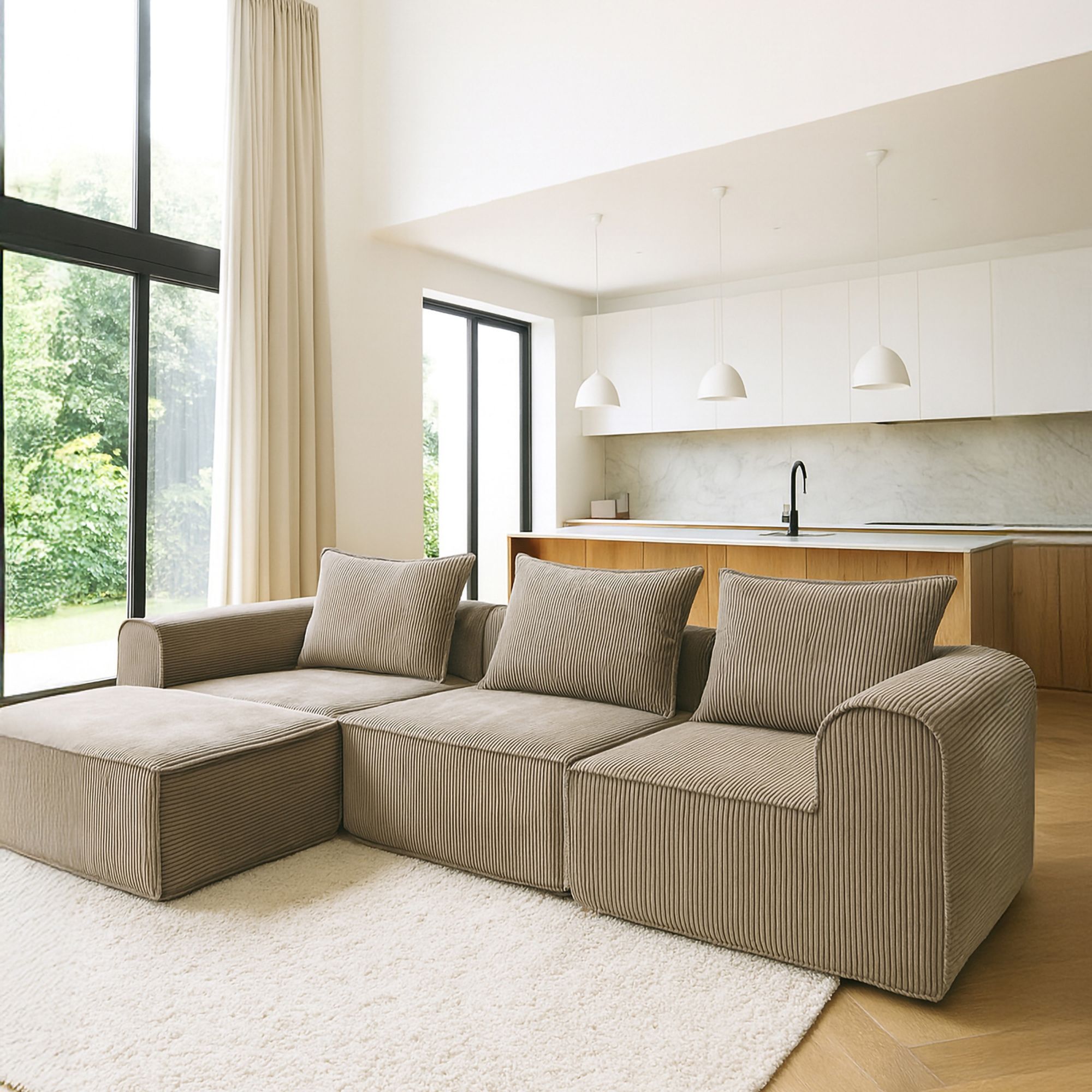 Canapé d'angle en velours cotelé taupe 4 places COCOON