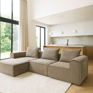 Canapé d'angle en velours cotelé taupe 4 places COCOON