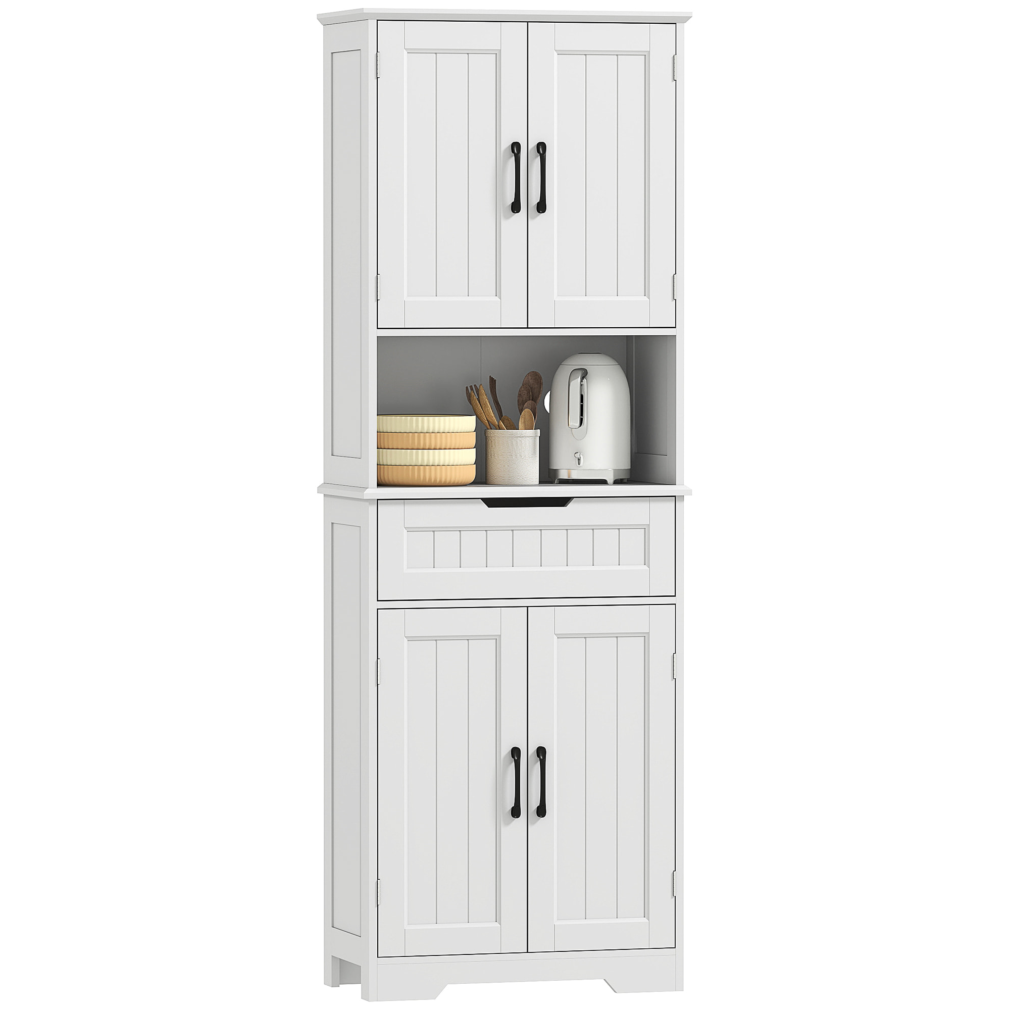 Buffet haut cuisine - 4 portes, 2 étagères, tiroir, grande niche - dim. 60 x 30 x 172 cm - blanc