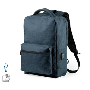 Mochila antirrobo Komplete de poliester 300D, con toma USB exterior. Bolsillo en lateral con protección RFID.