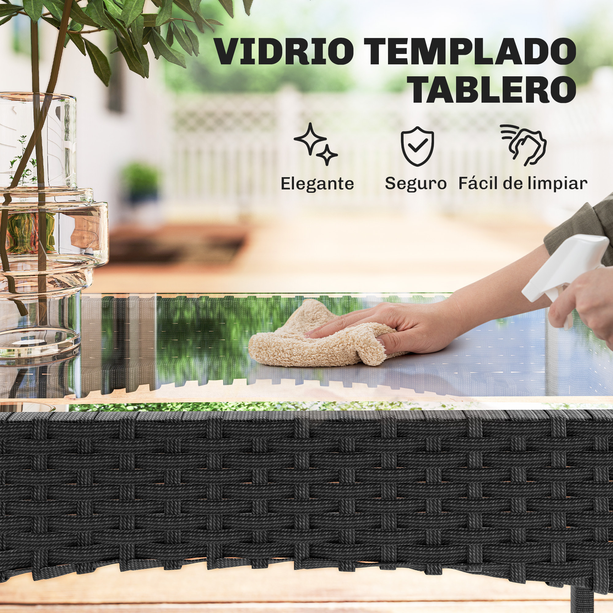 Conjunto Jardín Exterior de Ratán con Cojines Conjunto Terraza Resistente a la Intemperie Muebles Jardín Exterior con 2 Sillones Sofá de 2 Plazas Mesa con Cristal Negro y Crema