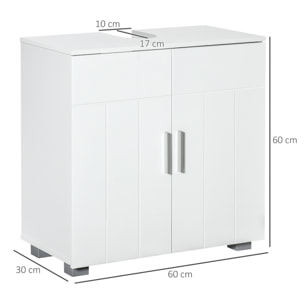 Meuble vasque - meuble sous-vasque - 2 portes rainurées, 2 étagères - poignées alliage aluminium - dim. 60L x 30l x 60H cm - MDF blanc