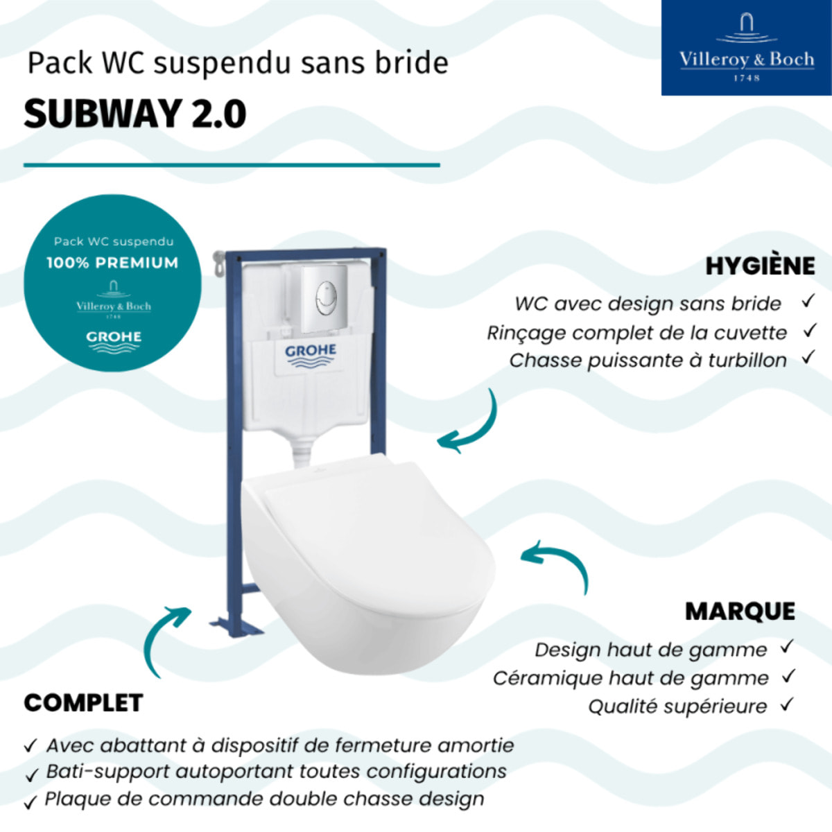 Pack wc suspendu sans bride Subway 2.0 + abattant + plaque chromée + bâti Grohe