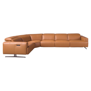 Sofá rinconera relax izquierda de 5 plazas tapizado en piel de origen vacuno en marrón con reposacabezas para garantizar una mayor comodidad patas de acero inoxidable en epoxi negro 310x310x97cm