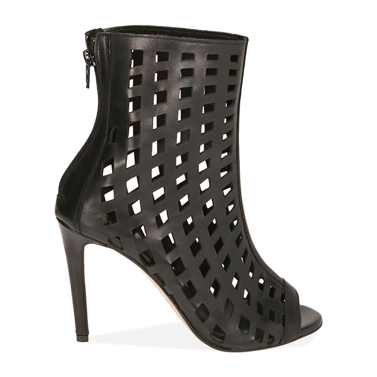 Ankle boots traforati neri in pelle, tacco 10 cm