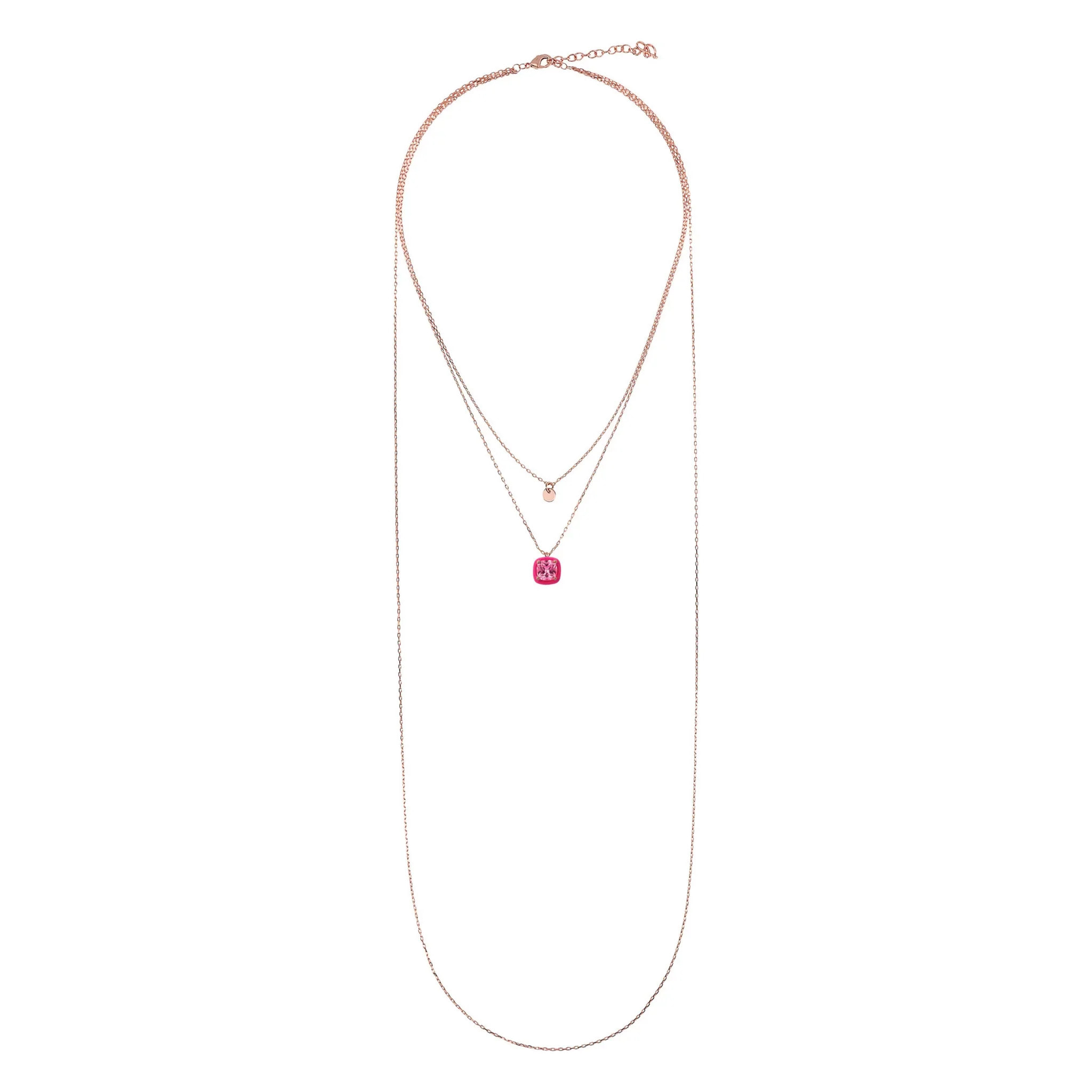 Collana Multifilo Catena Forzatina con Disco e Pendente Smaltato Lilla con Cubic Zirconia Quadrata